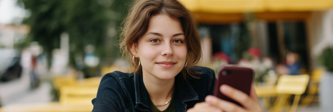 A young woman smiles brightly as she looks at her smartphone, representing modern communication and the joyful moments shared through technology and social connection.