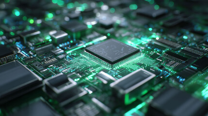 A central microchip sits on a circuit board, surrounded by glowing lines. Green light highlights the pathways connecting it to other components, forming a complex network across the board.