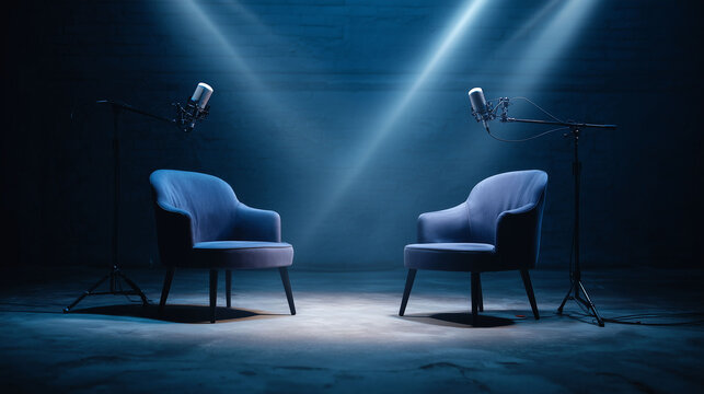 Two chairs face each other, each with a microphone ready for use. Light highlights the setup, casting distinct shadows, while the empty seats hint at an upcoming discussion.