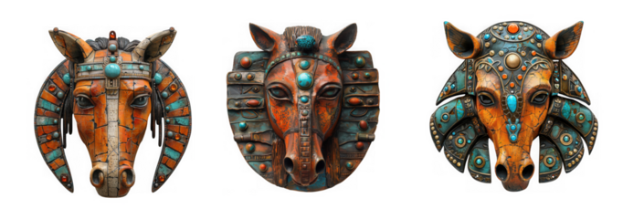 Three decorative horse head sculptures with turquoise and gold accents isolated on transparent background