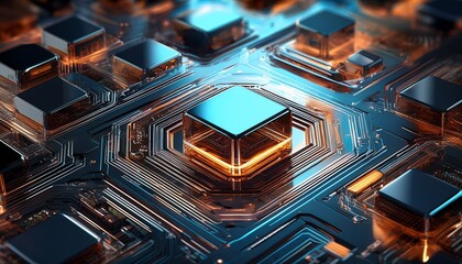 futuristic circuit board with glowing glass and metallic cubes