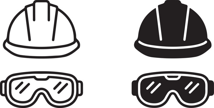 Safety icons set featuring outlines and solid fill illustrations of protective hard hats and safety goggles for industrial work
