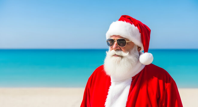 Santa Claus in sunglasses standing on beach with ocean backdrop  
