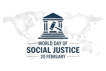 World day of social justice illustration with gavel and courthouse on world map background design