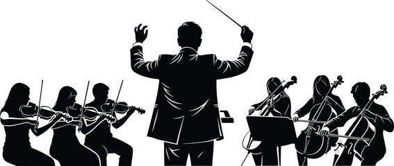 Orchestra conductor leading musicians, classical music performance, violin and cello players, symphony concert, art, teamwork, harmony, instrumental ensemble vector illustration design. © Shahajan