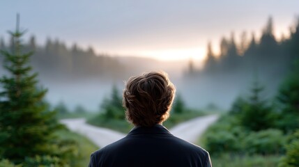 Fototapeta premium Man contemplating a crossroads in a misty forest at sunrise