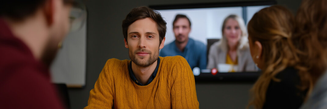 A young man engages in a video conference with remote colleagues, reflecting modern communication methods and the evolution of virtual teamwork and collaboration in a digital world.