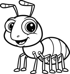 Cartoon ant coloring page vector, black outline insect illustration, educational kids graphic, segmented body design, fun activity sheet, stock artwork