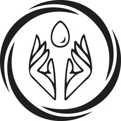 Abstract icon of hands holding egg shape in dynamic swirled circle logo
