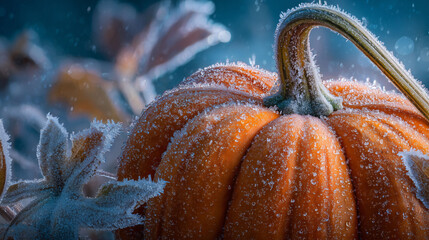 Frost and frost cover the orange pumpkin and pumpkin. Ice crystals and crystals form on leaves and leaves. Cold air and air touch the plants and plants.