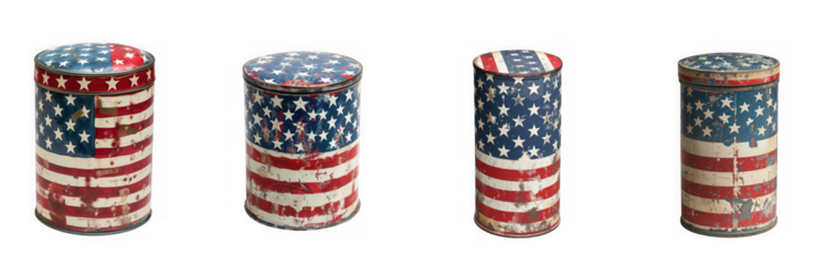 Four vintage tin cans decorated with american flag pattern isolated on transparent background