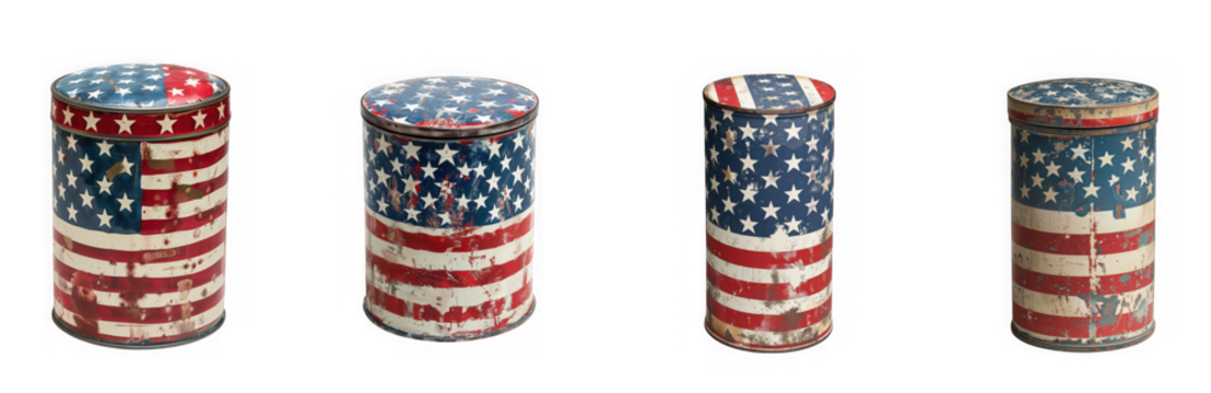 Four vintage tin cans decorated with american flag pattern isolated on transparent background - Powered by Adobe