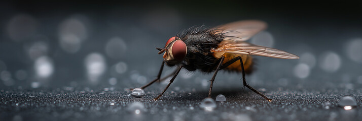 A close-up view of a fly delicately perched on a dewy surface, showcasing intricate details of its body amidst an aesthetically pleasing backdrop, capturing nature’s wonders.