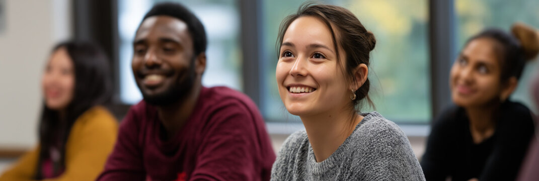 A diverse group of students engage smilingly in a classroom, capturing the essence of collaboration, learning, and positive emotions shared during an educational session.