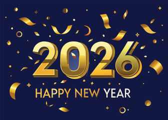 Luxury Golden 2026 Happy New Year Typography Vector Art with Gold Ribbon Confetti on Black Background