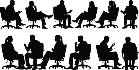Office chair silhouettes, seated pairs, business meeting, interview posture, black figures, workplace interaction, ergonomic setup, discussion gesture, teamwork, communication