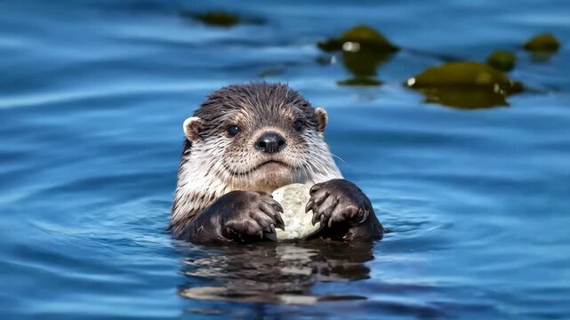 Playful Otter Floating On Blue Water With Kelp Holding A Rock Portrait