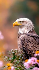 Obraz premium A majestic eagle perched among colorful flowers, showcasing its detailed feathers and intense gaze against a blurred, warm background, Ideal for nature-themed projects and wildlife publications,