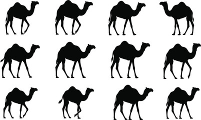 Camel silhouettes walking left in seamless grid pattern, Bactrian camels with two humps, desert wildlife vector illustration for design backgrounds
