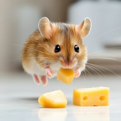 Fototapeta premium A small, playful mouse is captured in mid-air, holding a piece of cheese in its paws, with pieces of cheese scattered on a smooth surface