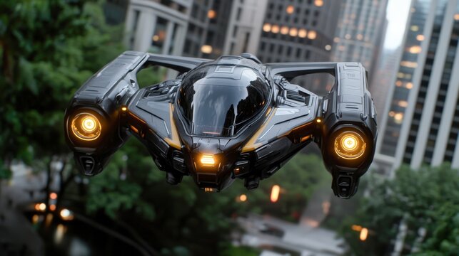 A futuristic spacecraft hovers above a bustling urban landscape, showcasing sleek design and advanced technology, Perfect for sci-fi media, technology concepts, or urban environment visuals,