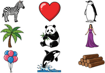 Cartoon grid vector set, zebra, heart, penguin, panda, orca, palm tree, balloons, woman, logs, educational icons, stock illustration