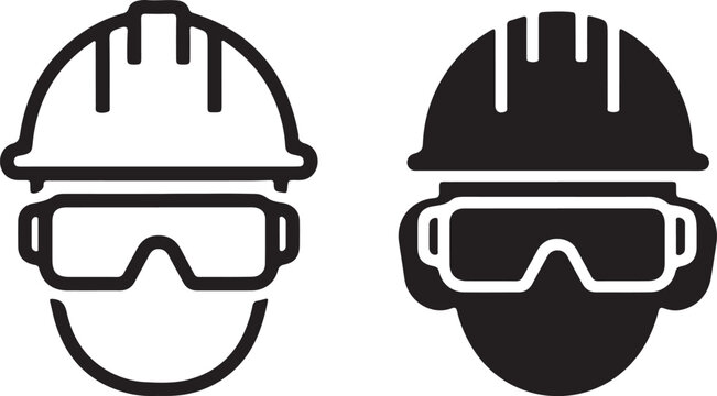 Worker wearing hard hat and safety goggles vector icon set. outline and filled symbols for industrial safety and protection at work.