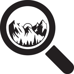 Magnifying glass focused on a mountain landscape at sunrise