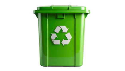 A vibrant green recycling bin with the universal symbol centered on the front