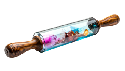 Rolling pin with wooden handles, clear center holding colorful abstract art