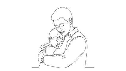 Father Hugging Son, Emotional One-Line Vector Illustration, Clean Outline, Father&rsquo;s Day Bond, Parent Child Love