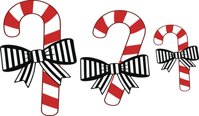 Candy cane silhouette, Christmas sweet vector, holiday dessert illustration, festive bow decoration, winter treat clipart, seasonal ribbon artwork, black isolated graphic, celebration design