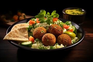 Falafel Balls with Tabbouleh and Pickles on a Dark Plate