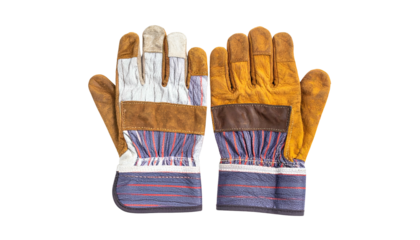 Leather work gloves, split-finger style, palms up, with blue and red striped cuffs