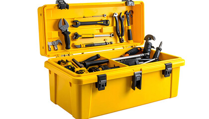 Open yellow toolbox filled with an assortment of various metal hand tools, top-down view