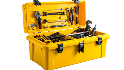 Open yellow toolbox filled with an assortment of various metal hand tools, top-down view