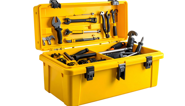 Open yellow toolbox filled with an assortment of various metal hand tools, top-down view - Powered by Adobe