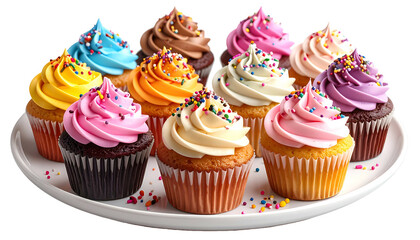 An array of colorful cupcakes with frosting and sprinkles on a white plate