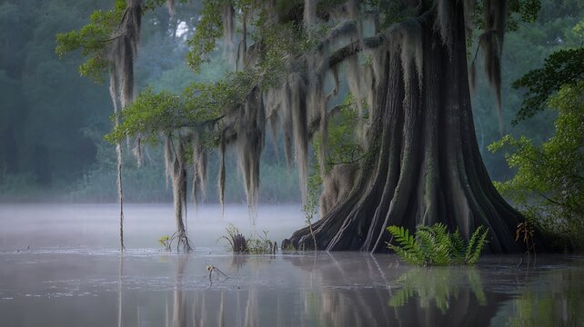 Misty morning light filters through spanish moss draped cypress trees in a tranquil swamp