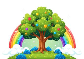 Cartoon Landscape with Rainbow Tree Stars Clouds and Bushes Illustration