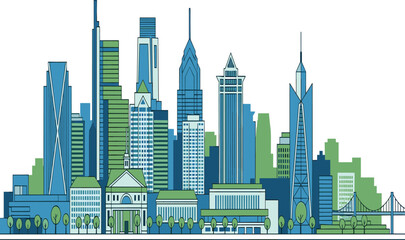 City skyline illustration, modern skyscrapers vector, classical architecture building art, suspension bridge design, urban planning concept, trees landscape, blue green graphic