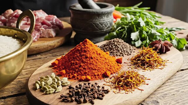 Authentic Indian biryani ingredients arrangement showcasing vibrant colors and culinary traditions with rice and meat on wooden board