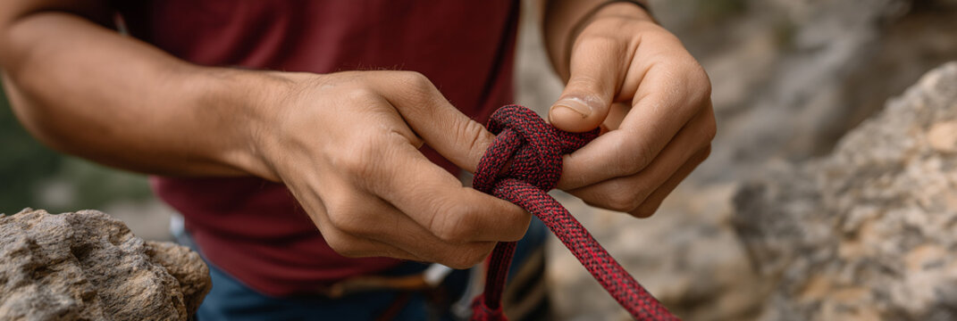 A close-up of a climber’s hands carefully tying a knot in a climbing rope, highlighting the importance of safety, skill, and focus in outdoor adventure and rock climbing culture.