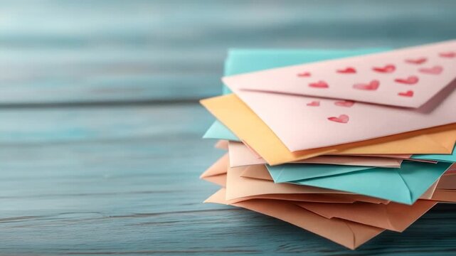 Colorful envelopes stacked on wooden background with hearts