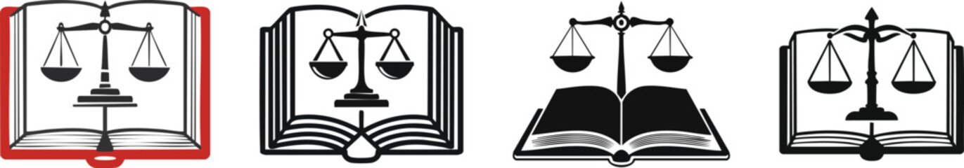 Law book open outline illustration with scales of justice symbol representing legal knowledge and fairness