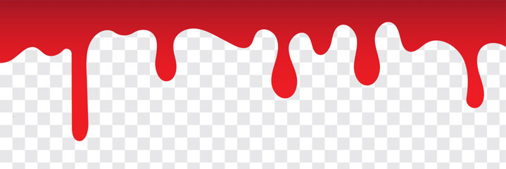 Dripping blood seamless border. Flow liquid, drip wet. Thick red ketchup or jam flow down Halloween concept: Blood dripping - Seamless Vector on transparent background