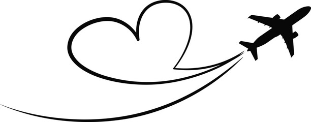 Obraz premium Romantic travel airplane heart trail illustration, love flight concept vector design, tourism journey symbol for honeymoon trips, destination wedding and travel agency branding