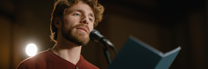 A young man passionately recites poetry at an open mic event, capturing the essence of creativity and personal expression in front of an engaged audience.