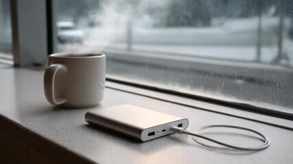 Sleek portable charger, hot coffee cup sit on windowsill, with raindrops visible on glass. Scene blends technology, comfort, evoking productivity, relaxation during rainy weather - Powered by Adobe