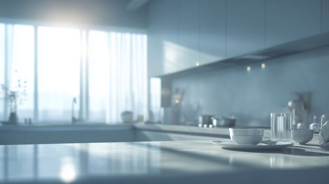 Sunlight filters through the window, casting shadows on the kitchen. Kitchen counter holds kitchenware like bowls and glasses. Reflections dance on the kitchen surfaces.
